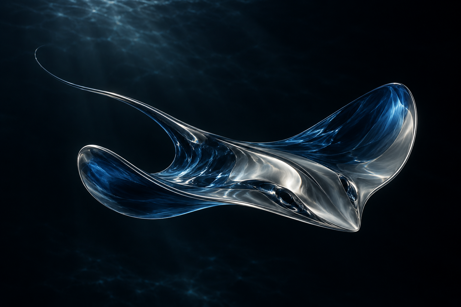 A sculptural silver and blue stingray against a deep ocean background
